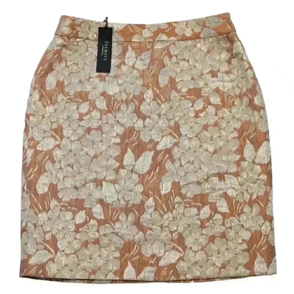 NWT Talbots Size Petite 4 Peach Gold Metallic Party Brocade Pencil Skirt